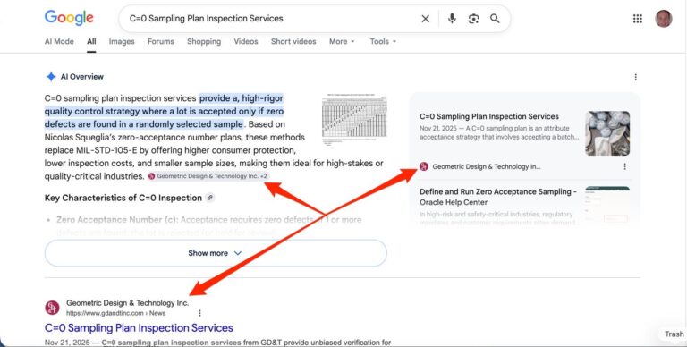 Google search results showing #1 ranking for C=0 Sampling Plan Inspection Services
