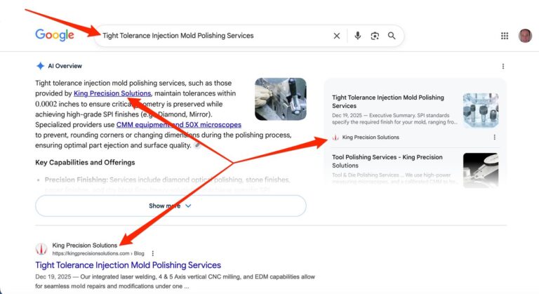 Google search results showing #1 ranking for tight tolerance injection mold polishing services